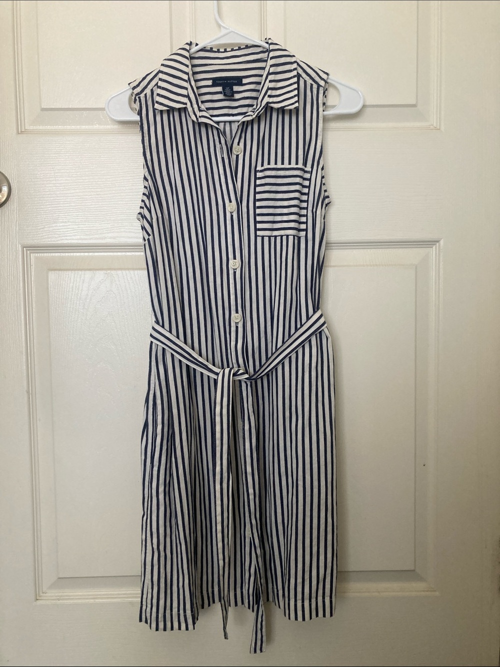 Tommy Hilfiger Navy and White Striped Sleeveless Shirt Dress